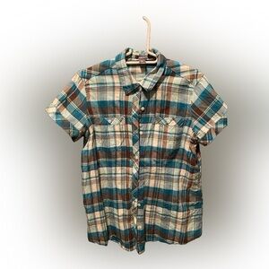 Eddie Bauer Classic Fit Button down Shirt in turquoise, brown and white. EUC